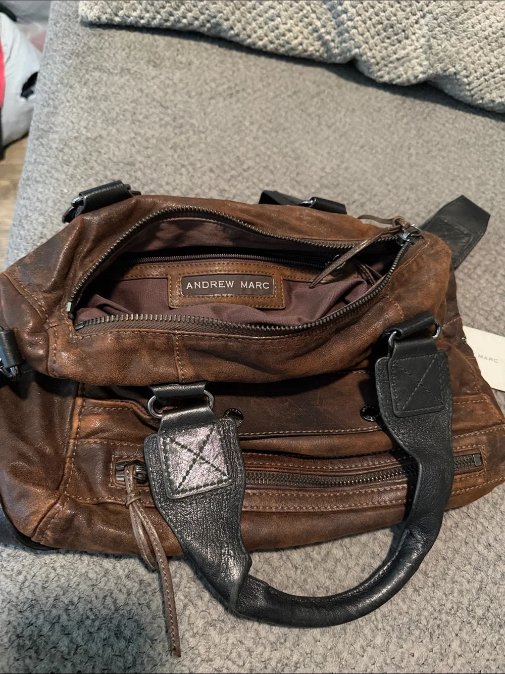 Andrew Marc Brown Leather Messenger Bag with Black Handles